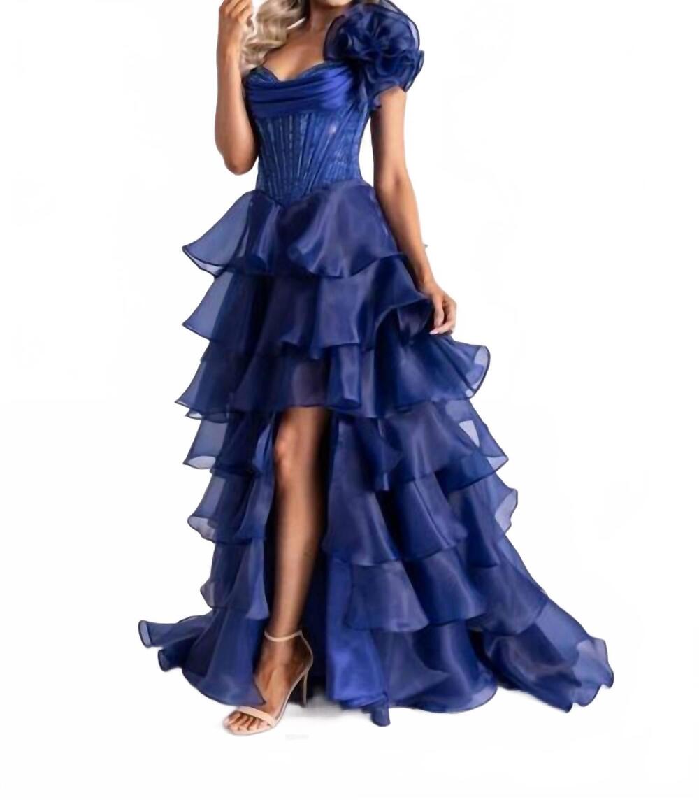 NEW RACHEL ALLAN sweetheart basque ruffled tier prom gown in navy